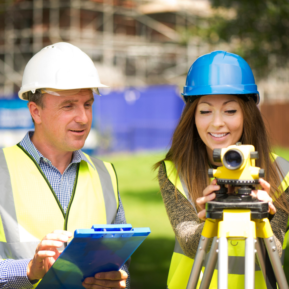 Land Surveying on a construction site checking a survey plan and preparing to mark boundaries