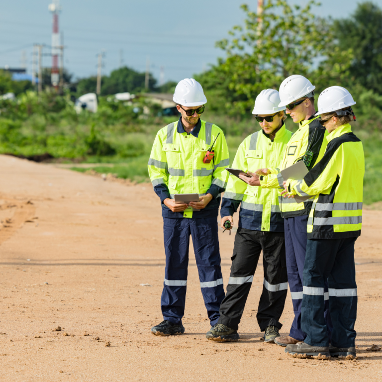 Land surveying crew reviewing site plans and equipment before field measurements.